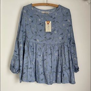 ICHI ANTIQUITES 100% natural linen blue floral top